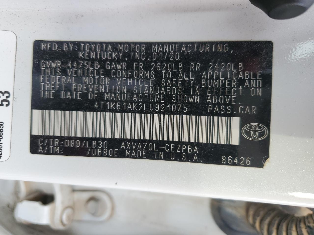 2020 Toyota Camry VIN 4T1K61AK2LU921075 Copart auction photo, front end damage thumbnail 13