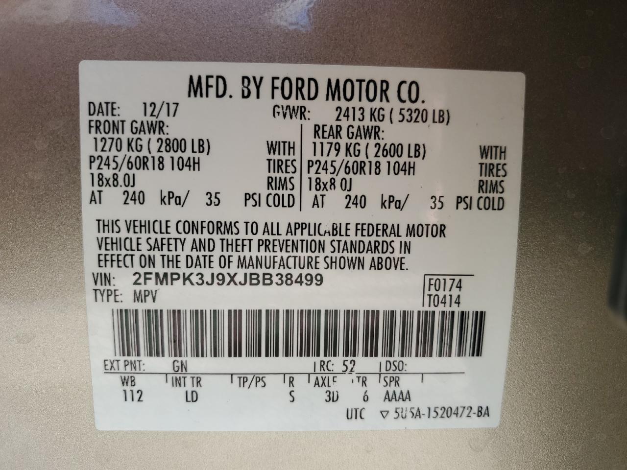 2018 Ford Edge VIN 2FMPK3J9XJBB38499 Copart auction photo, front end / side damage thumbnail 14