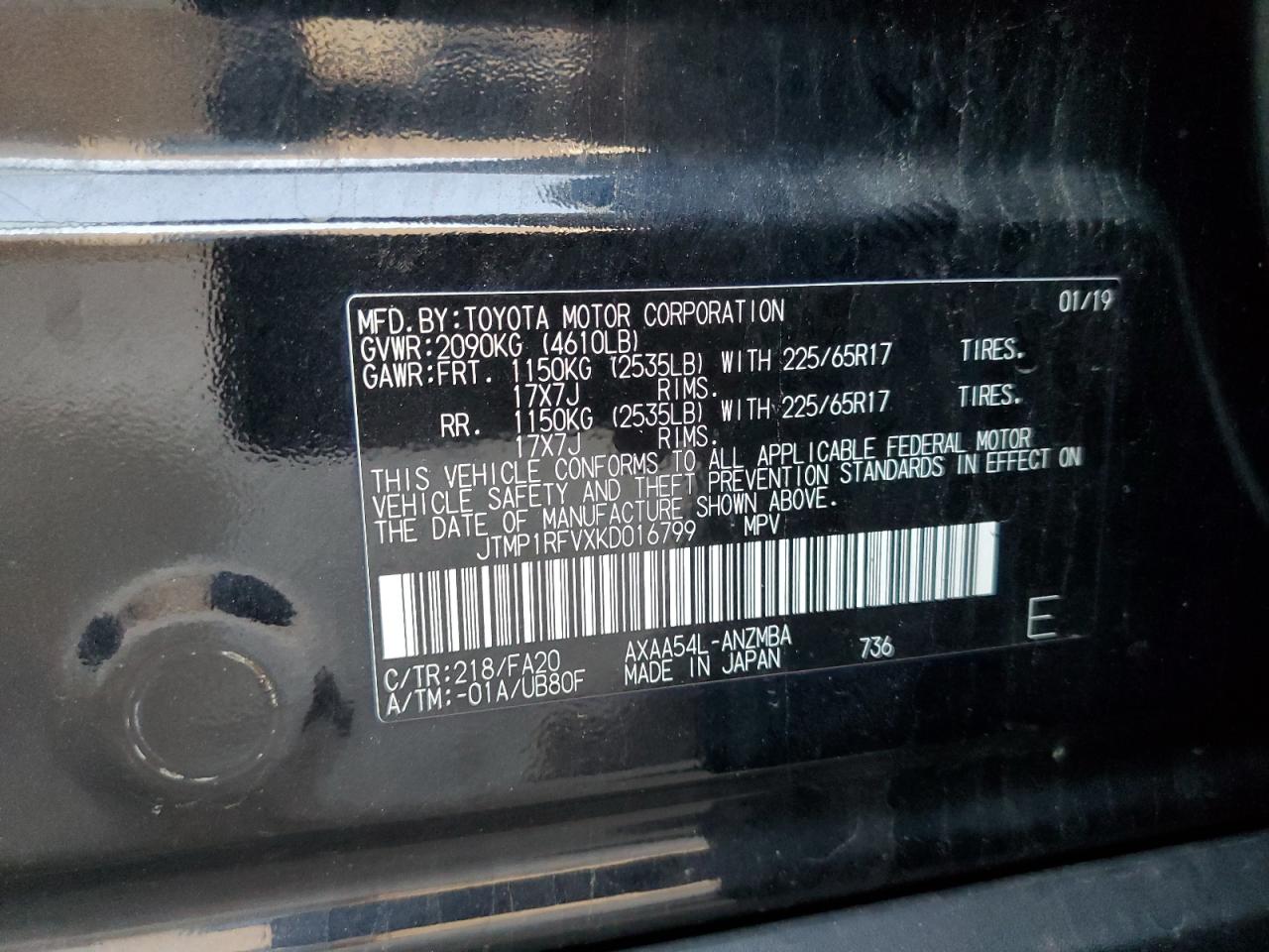 2019 Toyota RAV 4 VIN JTMP1RFVXKD016799 Copart auction photo, rear end / minor dent/scratches damage thumbnail 16