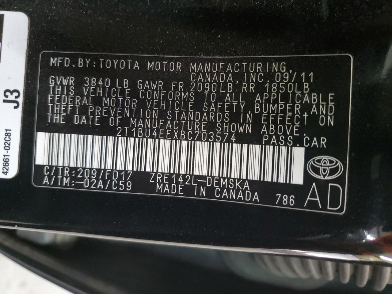 2011 Toyota Corolla VIN 2T1BU4EEXBC703574 Copart auction photo, front end damage thumbnail 12