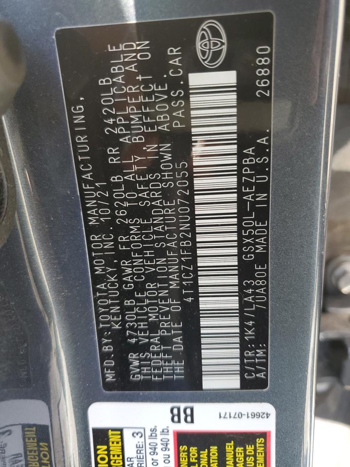 2022 Toyota Avalon VIN 4T1CZ1FB2NU072055 Copart auction photo, rear end damage thumbnail 12