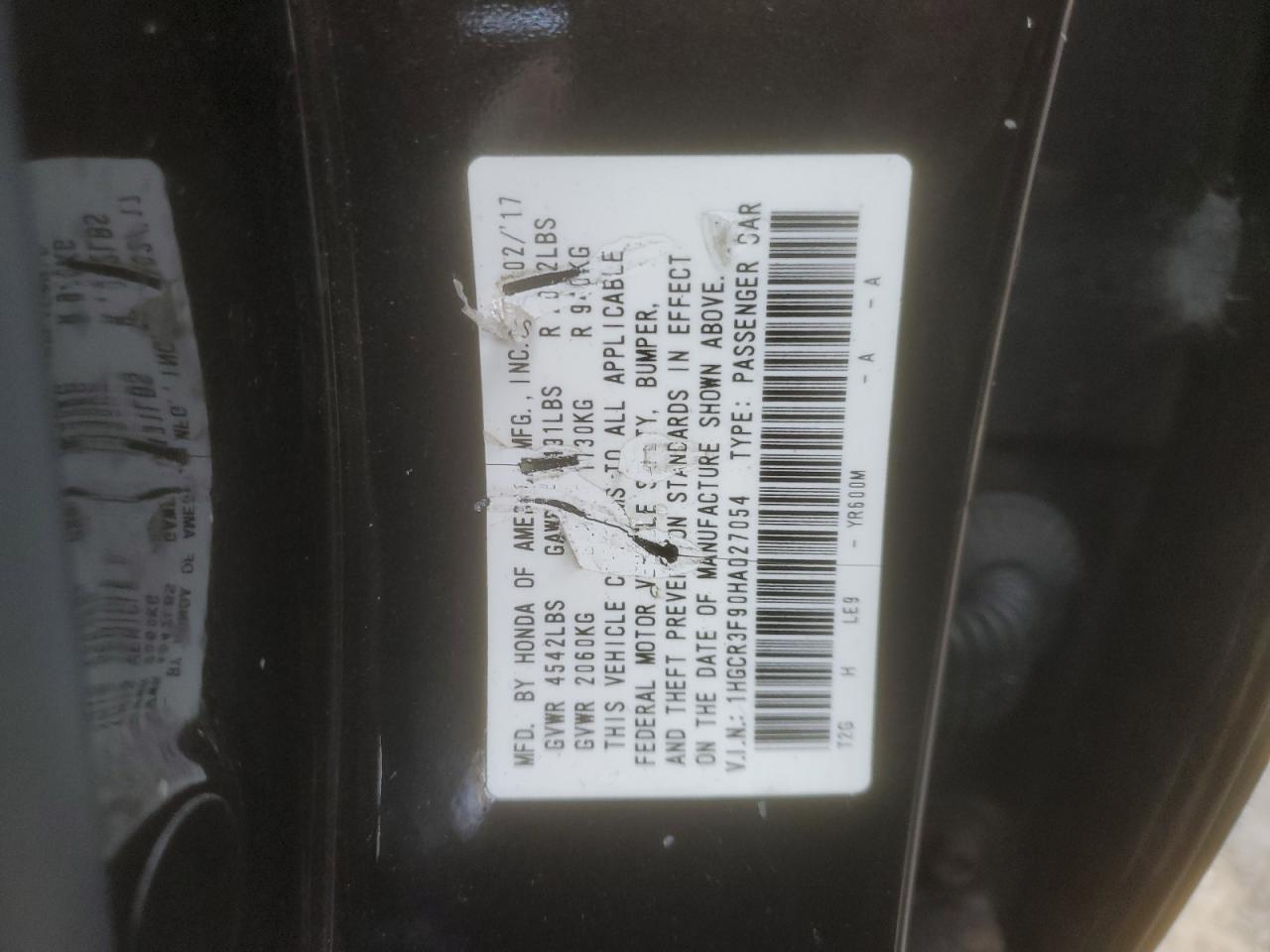 2017 Honda Accord VIN 1HGCR3F90HA027054 Copart auction photo, front end / minor dent/scratches damage thumbnail 15