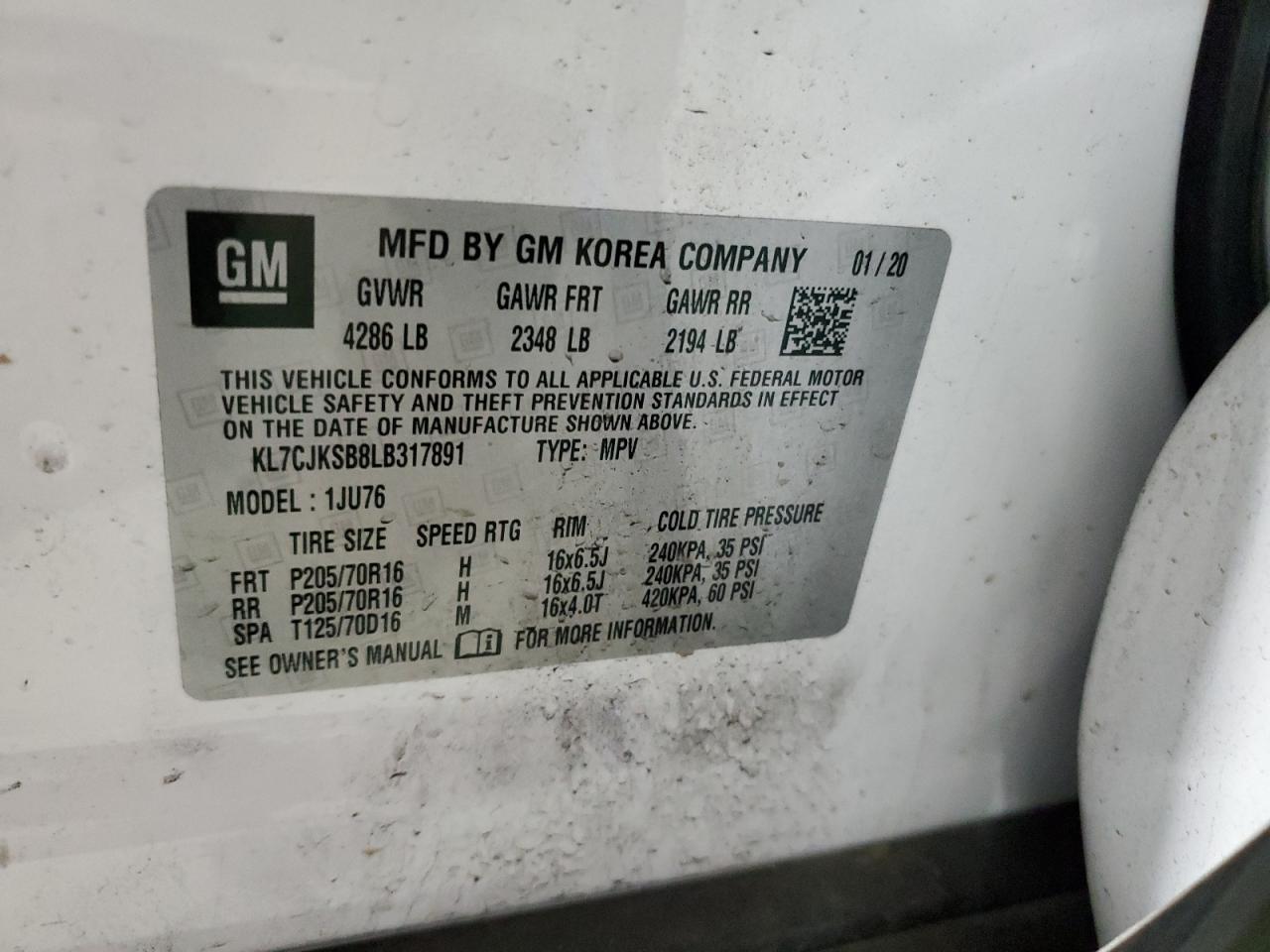 2020 Chevrolet Trax VIN KL7CJKSB8LB317891 Copart auction photo, front end / side damage thumbnail 12