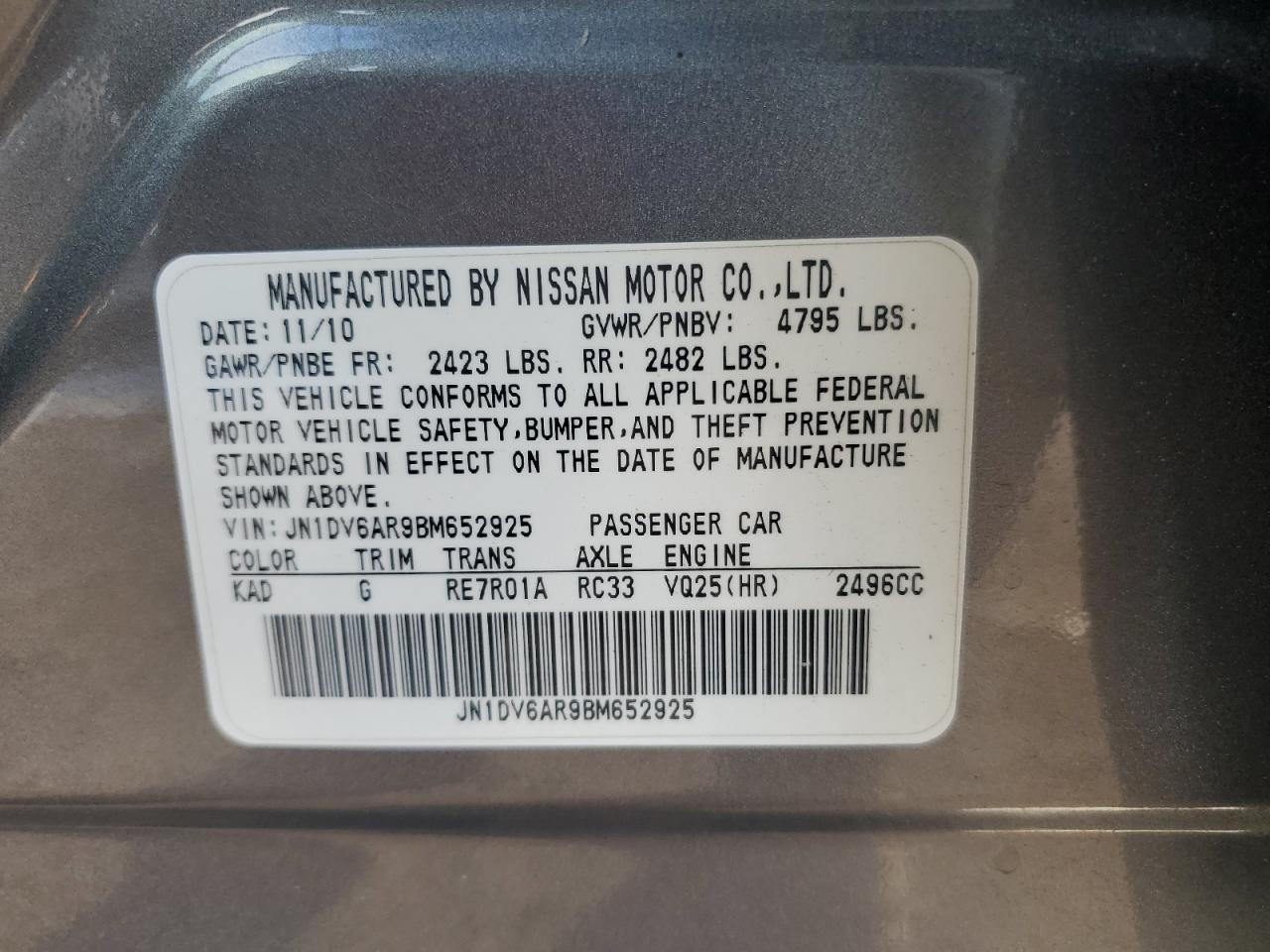 2011 Infiniti G VIN JN1DV6AR9BM652925 Copart auction photo, front end / minor dent/scratches damage thumbnail 14