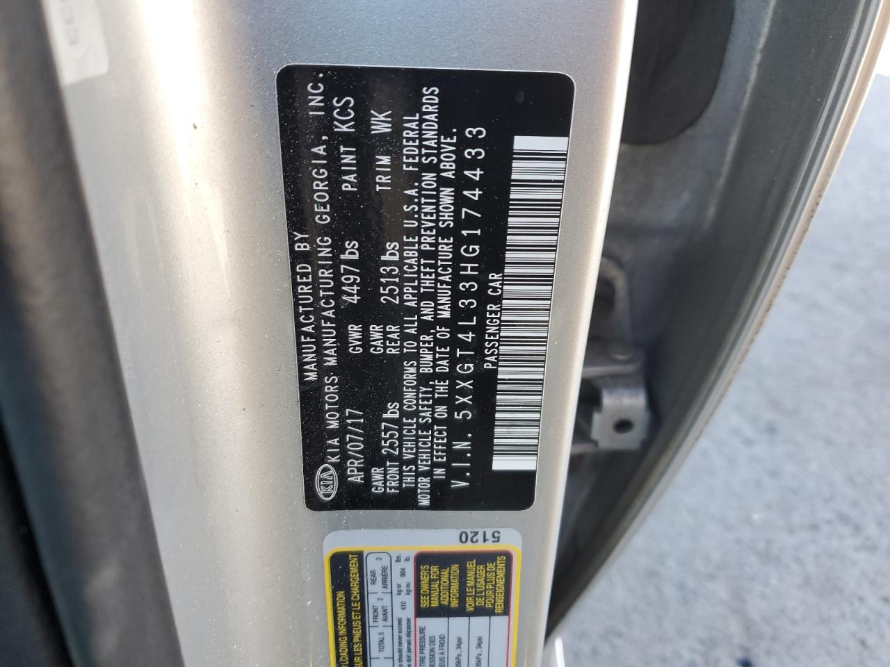 2017 KIA Optima VIN 5XXGT4L33HG174433 Copart auction photo, front end damage thumbnail 12