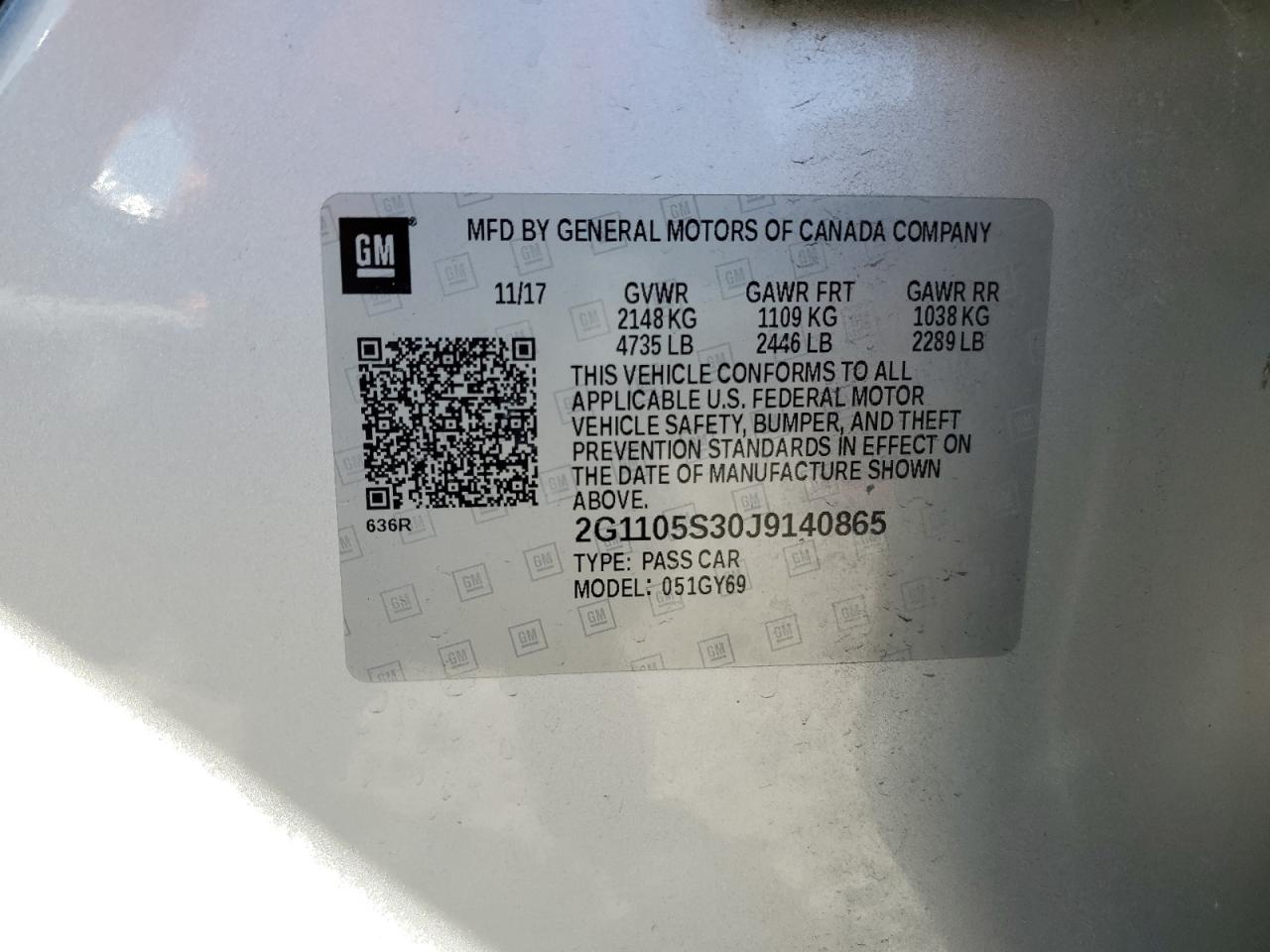 2018 Chevrolet Impala VIN 2G1105S30J9140865 Copart auction photo, front end / rear end damage thumbnail 12