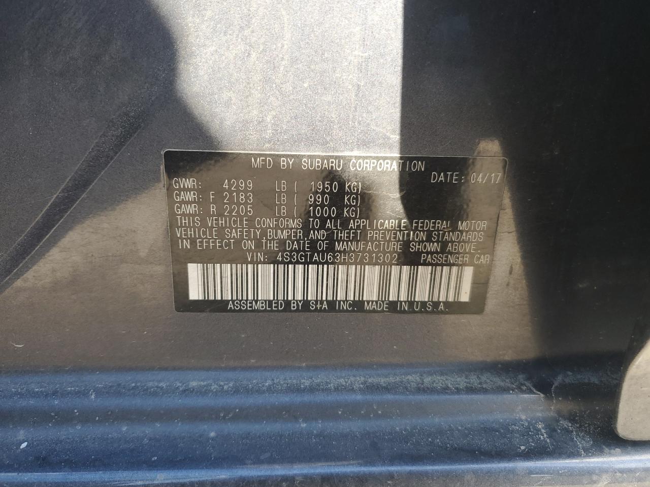 2017 Subaru Impreza VIN 4S3GTAU63H3731302 Copart auction photo, front end / burn damage thumbnail 13
