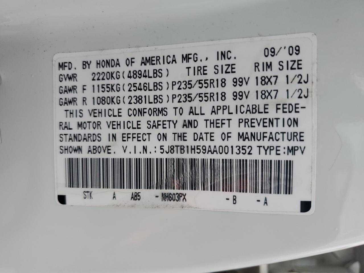 2010 Acura RDX VIN 5J8TB1H59AA001352 Copart auction photo, water/flood damage thumbnail 13