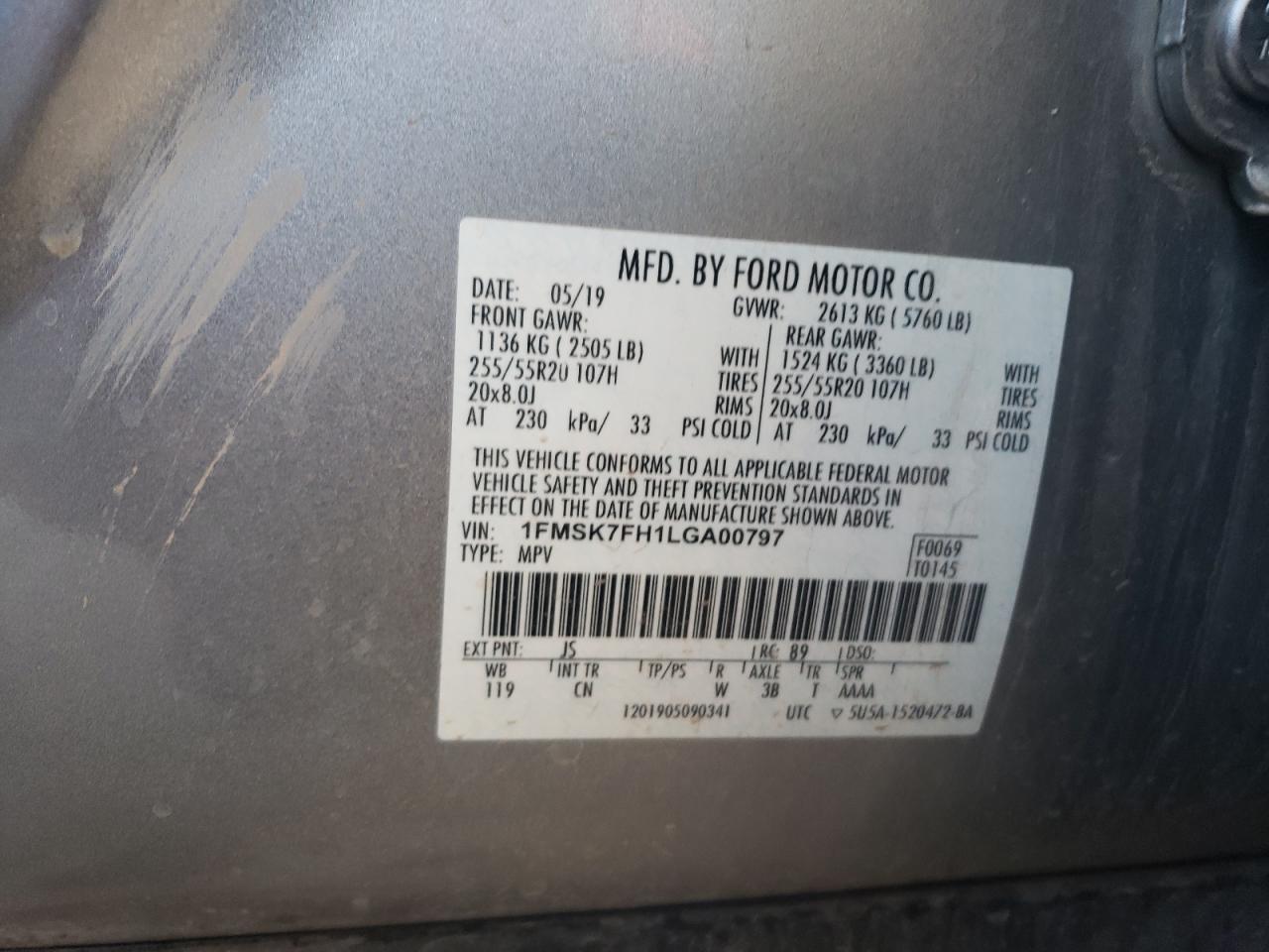 2020 Ford Explorer VIN 1FMSK7FH1LGA00797 Copart auction photo, front end / side damage thumbnail 13