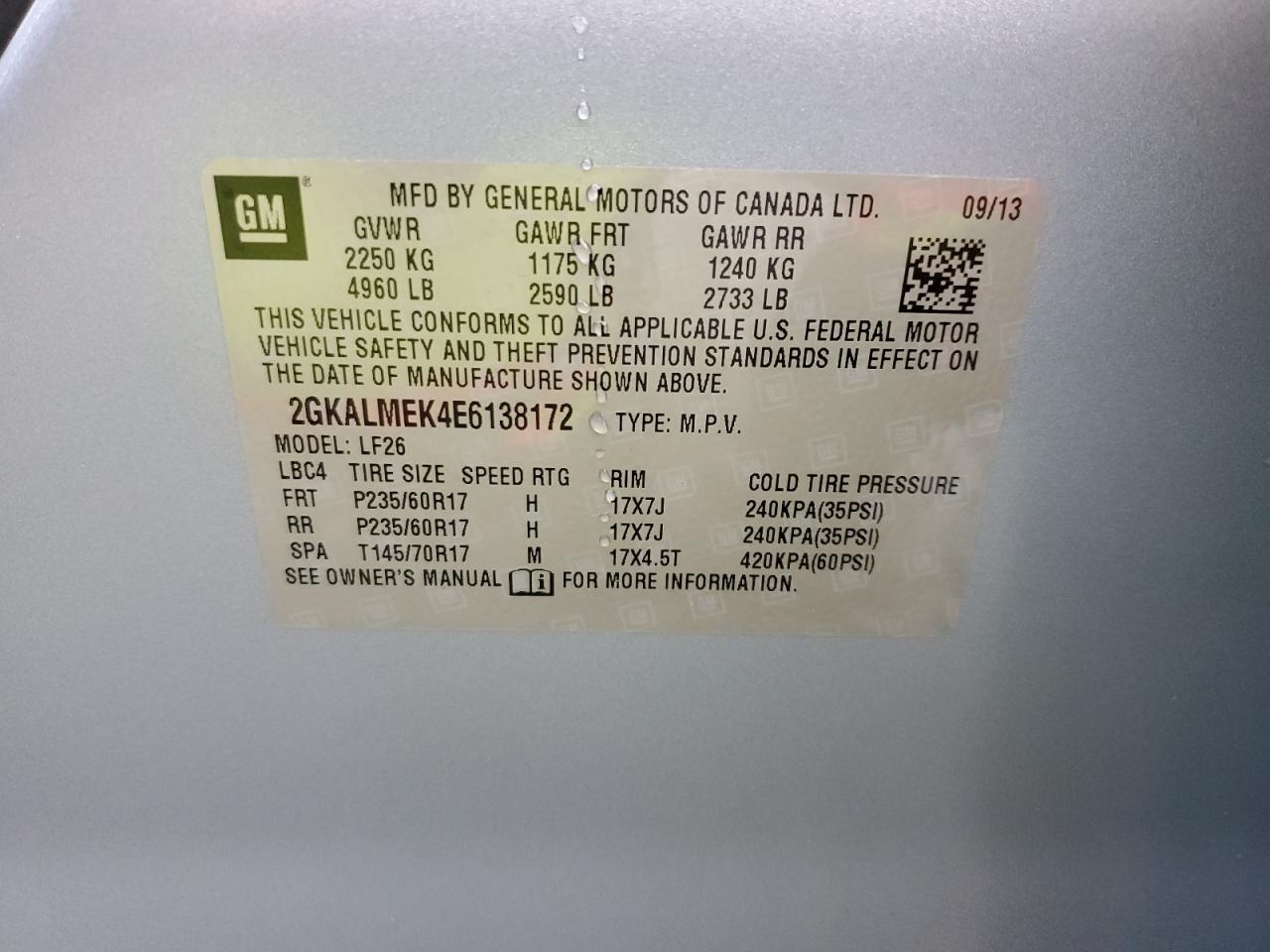 2014 GMC Terrain VIN 2GKALMEK4E6138172 Copart auction photo, front end damage thumbnail 14