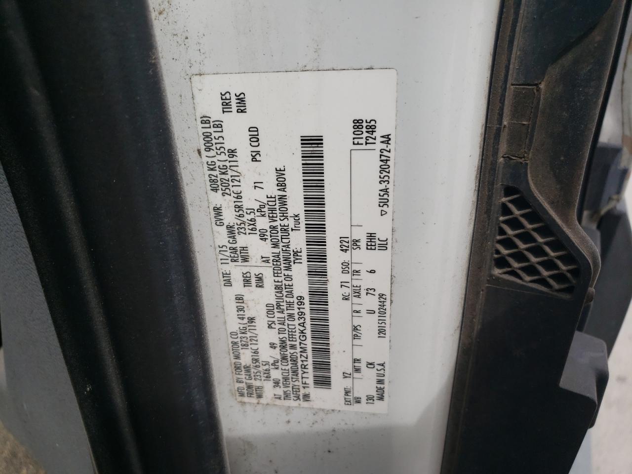 2016 Ford Transit VIN 1FTYR1ZM7GKA39199 Copart auction photo, front end damage thumbnail 13