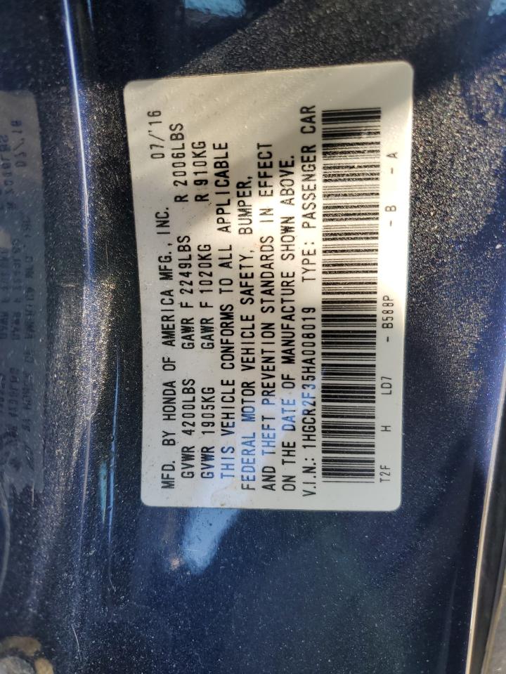 2017 Honda Accord VIN 1HGCR2F35HA008019 Copart auction photo, side / minor dent/scratches damage thumbnail 14