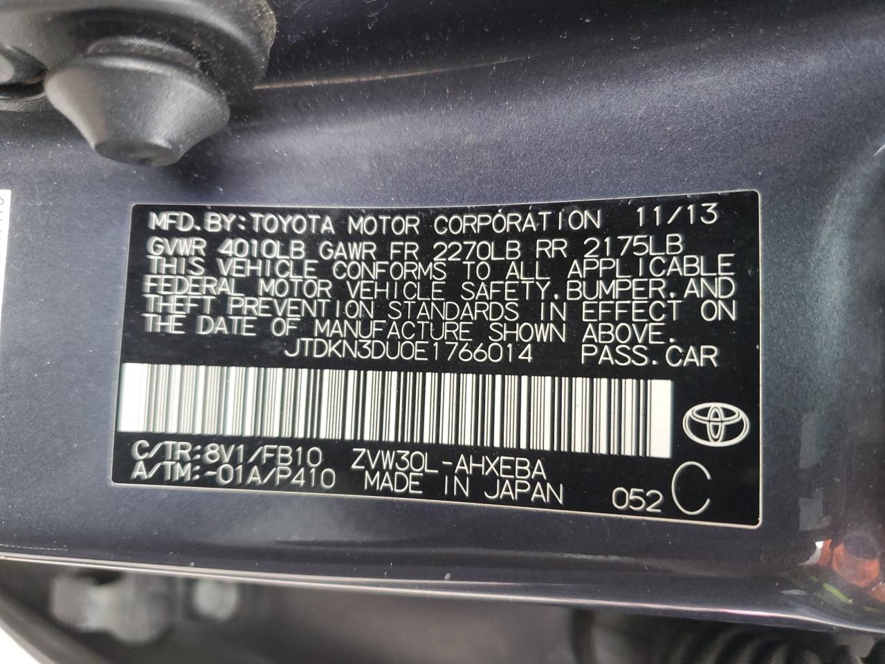 2014 Toyota Prius VIN JTDKN3DU0E1766014 Copart auction photo, front end damage thumbnail 12