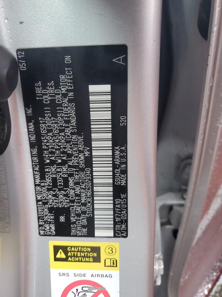 2012 Toyota Highlander VIN 5TDZK3EH6CS079340 Copart auction photo, front end damage thumbnail 13