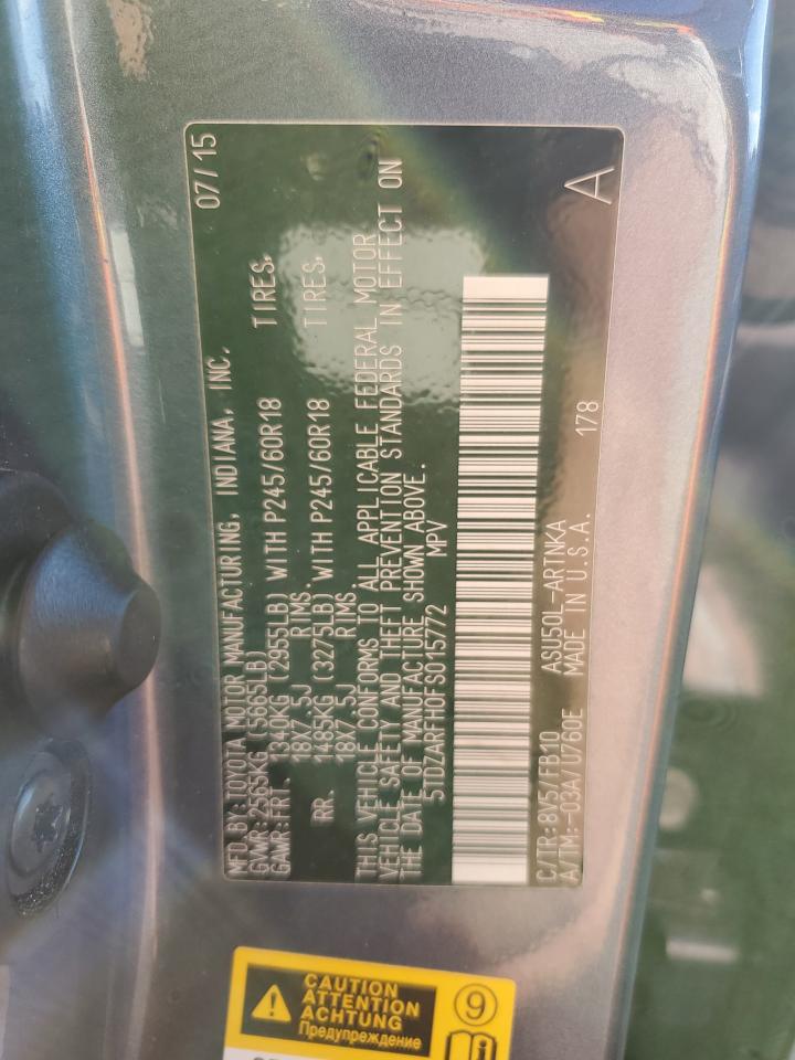 2015 Toyota Highlander VIN 5TDZARFH0FS015772 Copart auction photo, front end damage thumbnail 16