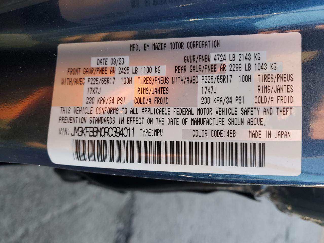 2024 Mazda CX-5 VIN JM3KFBBM0R0394011 Copart auction photo, side damage thumbnail 15