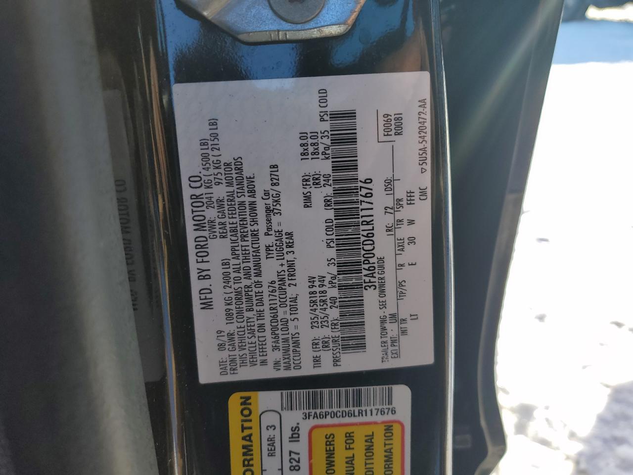 2020 Ford Fusion VIN 3FA6P0CD6LR117676 Copart auction photo, side damage thumbnail 12