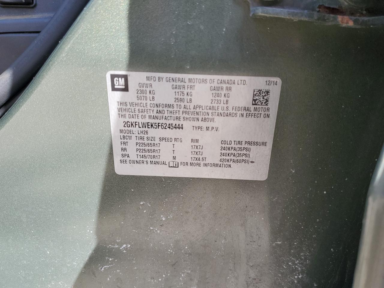 2015 GMC Terrain VIN 2GKFLWEK5F6245444 Copart auction photo, burn / minor dent/scratches damage thumbnail 13