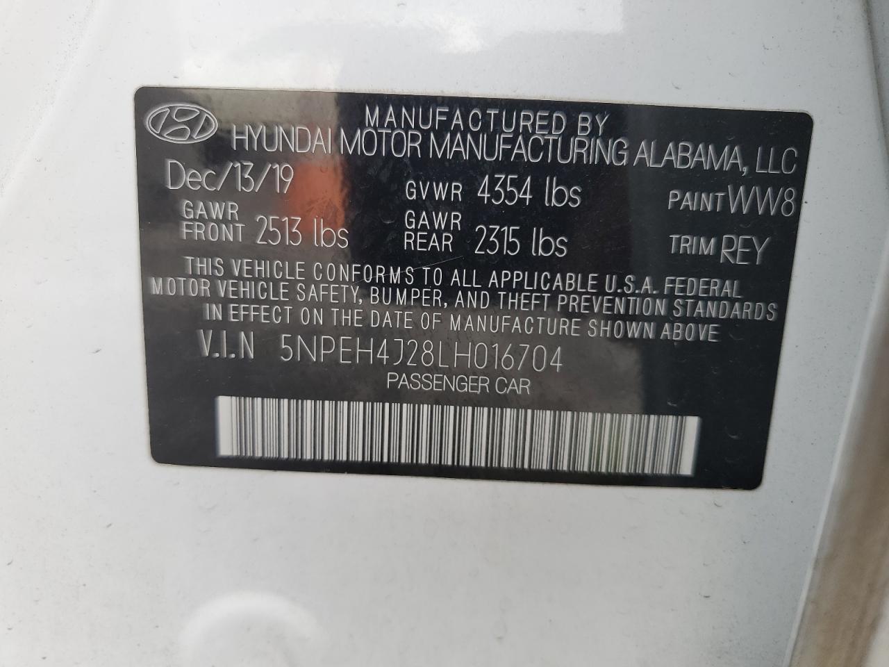 2020 Hyundai Sonata VIN 5NPEH4J28LH016704 Copart auction photo, front end / minor dent/scratches damage thumbnail 12