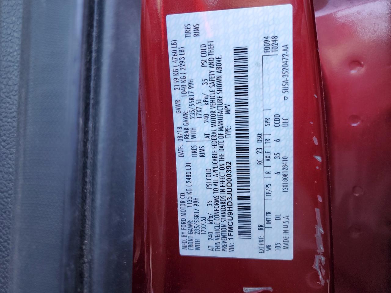 2018 Ford Escape VIN 1FMCU9HD3JUD00392 Copart auction photo, front end / side damage thumbnail 14