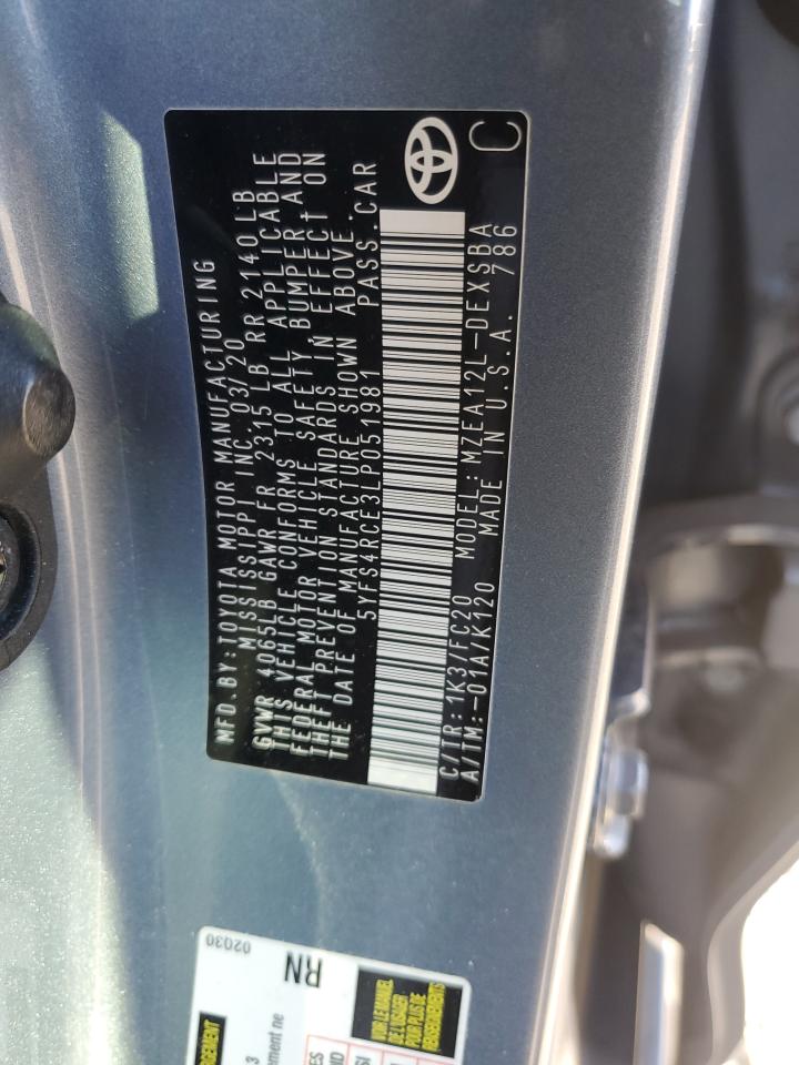 2020 Toyota Corolla VIN 5YFS4RCE3LP051981 Copart auction photo, rear end damage thumbnail 13
