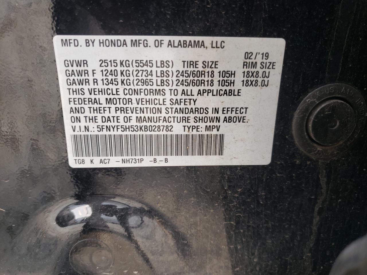 2019 Honda Pilot VIN 5FNYF5H53KB028782 Copart auction photo, front end / side damage thumbnail 15