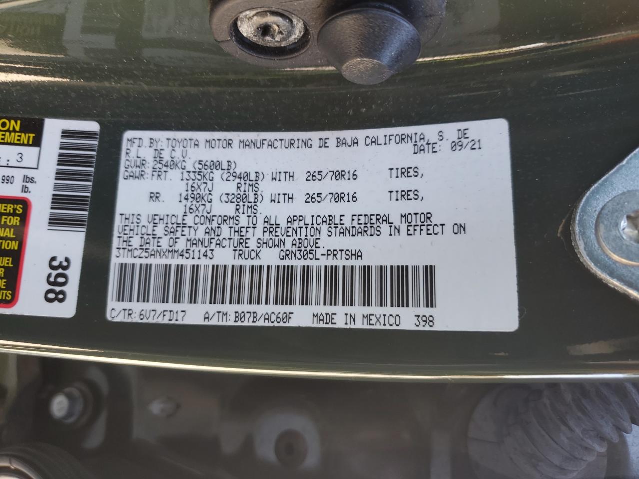 2021 Toyota Tacoma VIN 3TMCZ5ANXMM451143 Copart auction photo, front end / side damage thumbnail 12