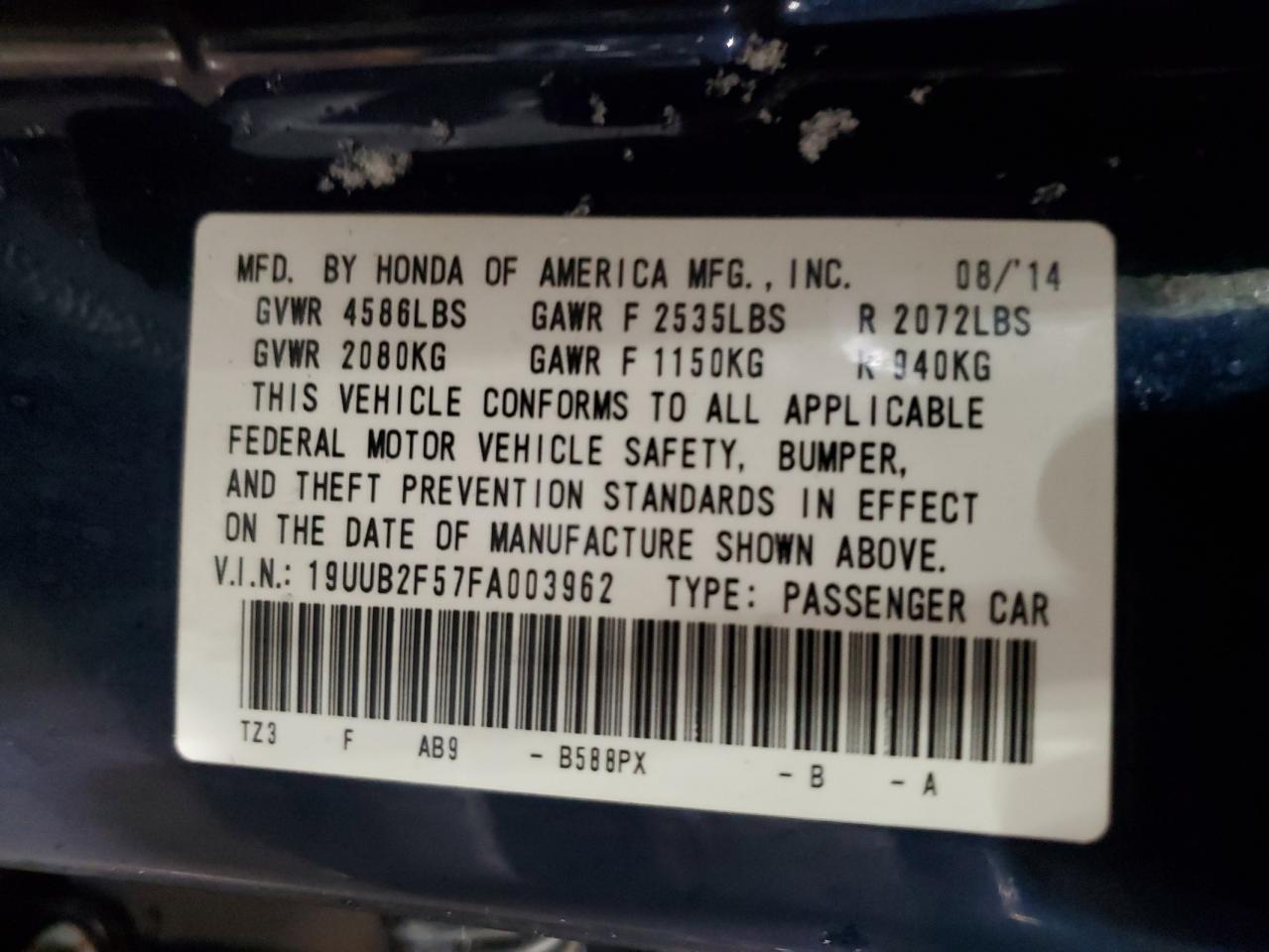 2015 Acura TLX VIN 19UUB2F57FA003962 Copart auction photo, front end / side damage thumbnail 14