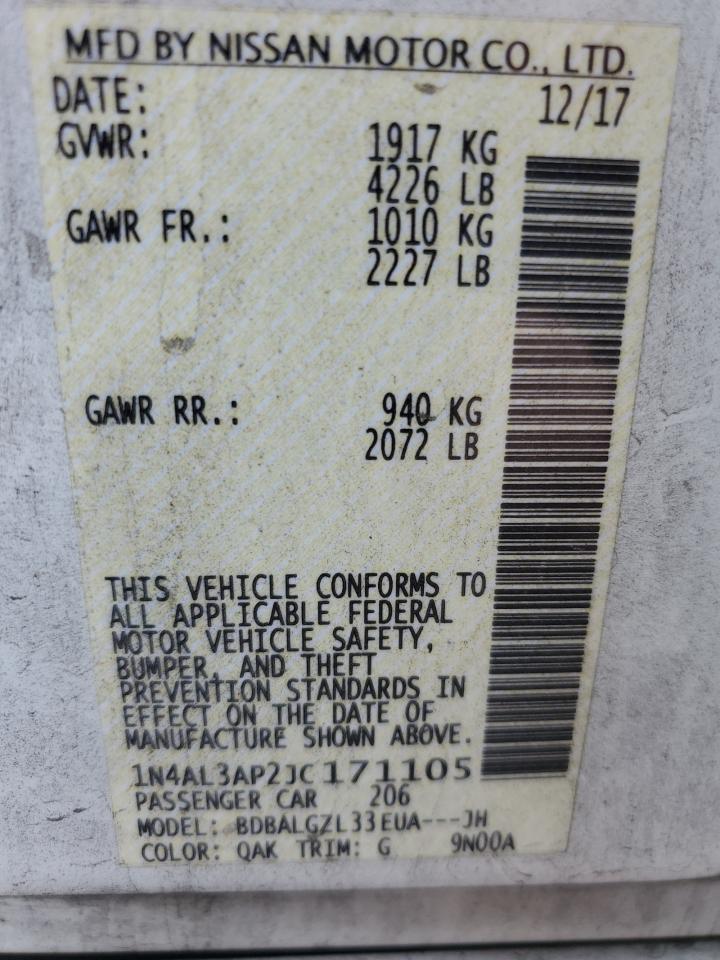 2018 Nissan Altima VIN 1N4AL3AP2JC171105 Copart auction photo, all over damage thumbnail 14