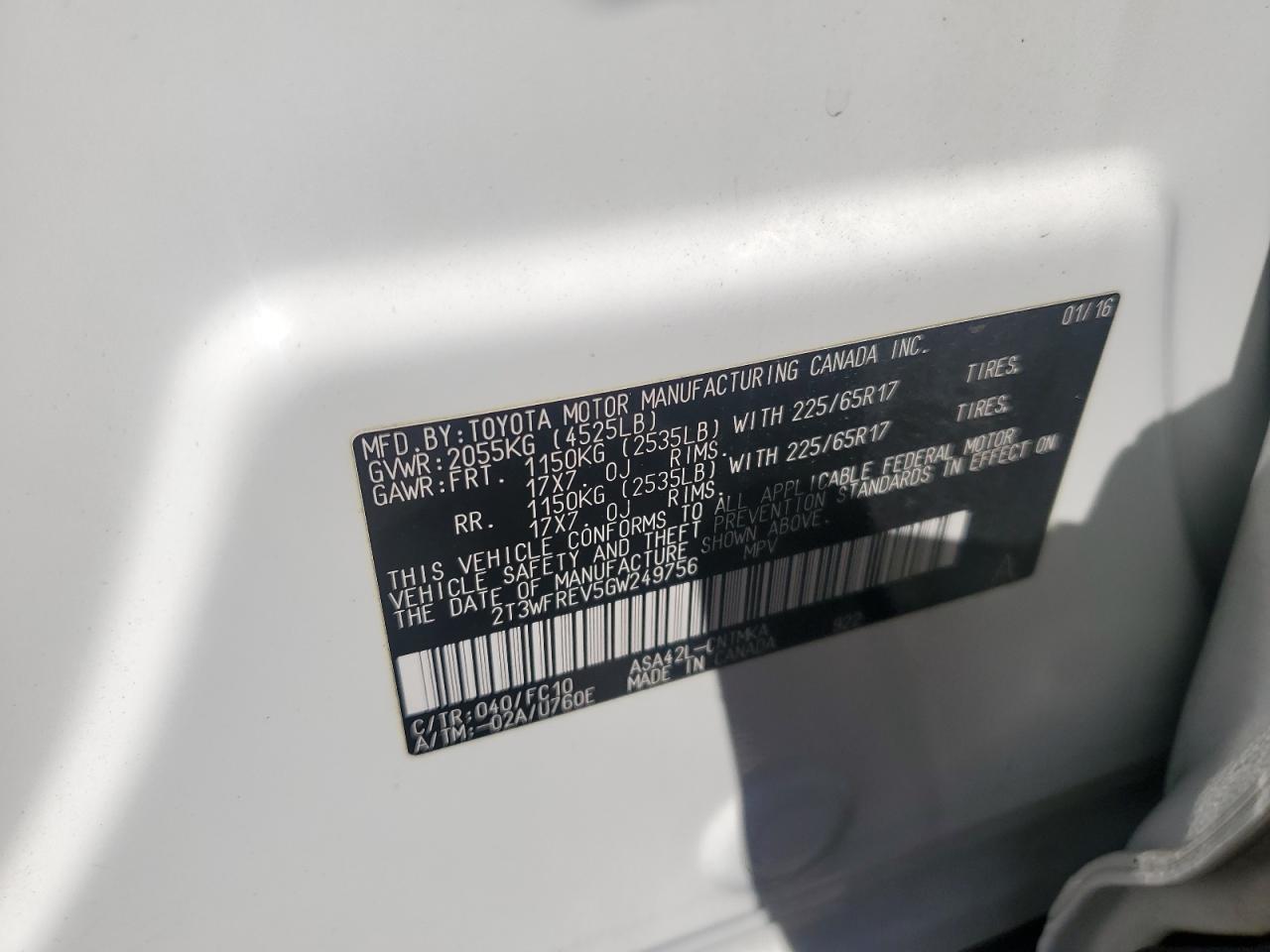 2016 Toyota RAV 4 VIN 2T3WFREV5GW249756 Copart auction photo, water/flood damage thumbnail 13