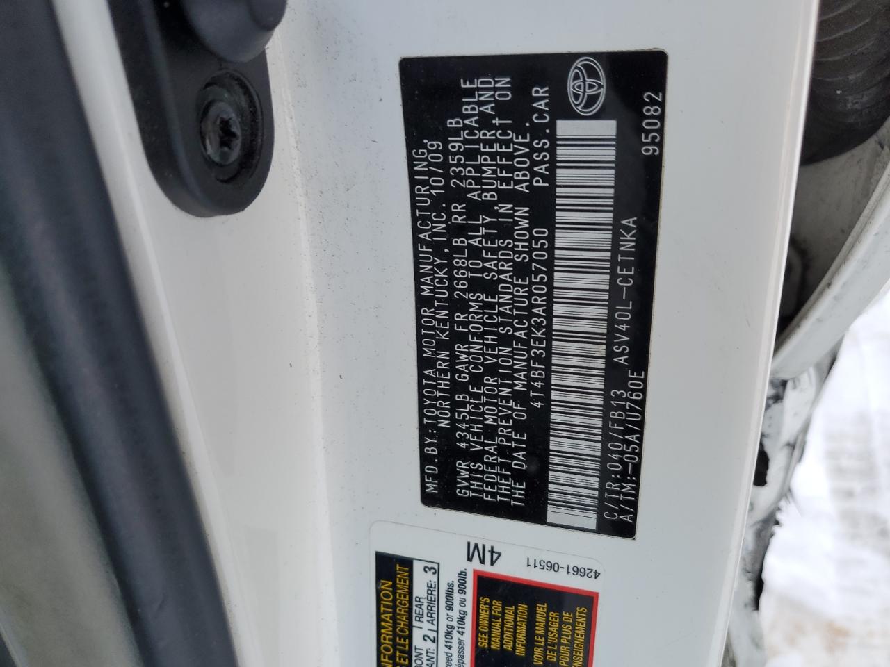 2010 Toyota Camry VIN 4T4BF3EK3AR057050 Copart auction photo, side damage thumbnail 12