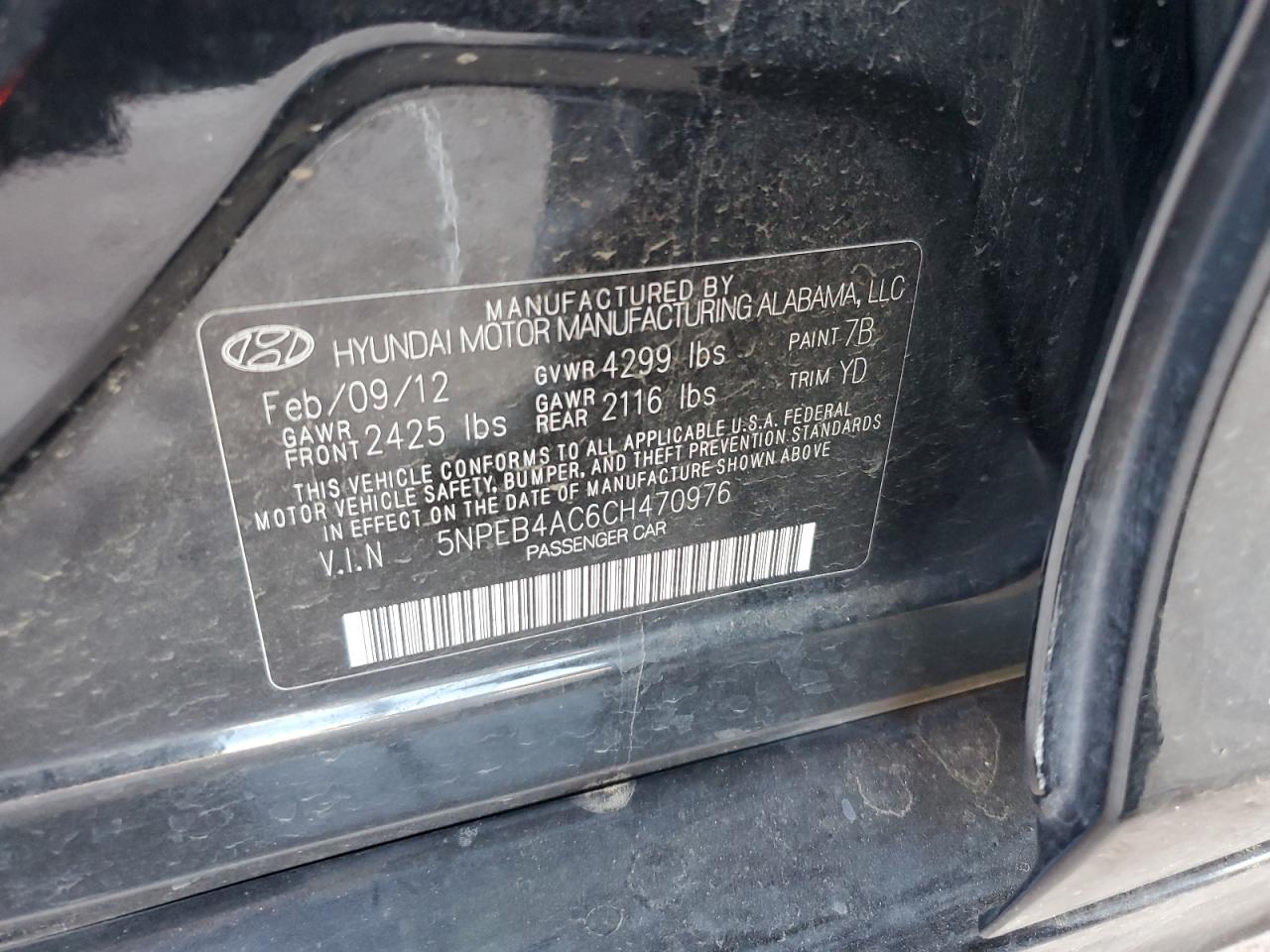 2012 Hyundai Sonata VIN 5NPEB4AC6CH470976 Copart auction photo, all over damage thumbnail 13