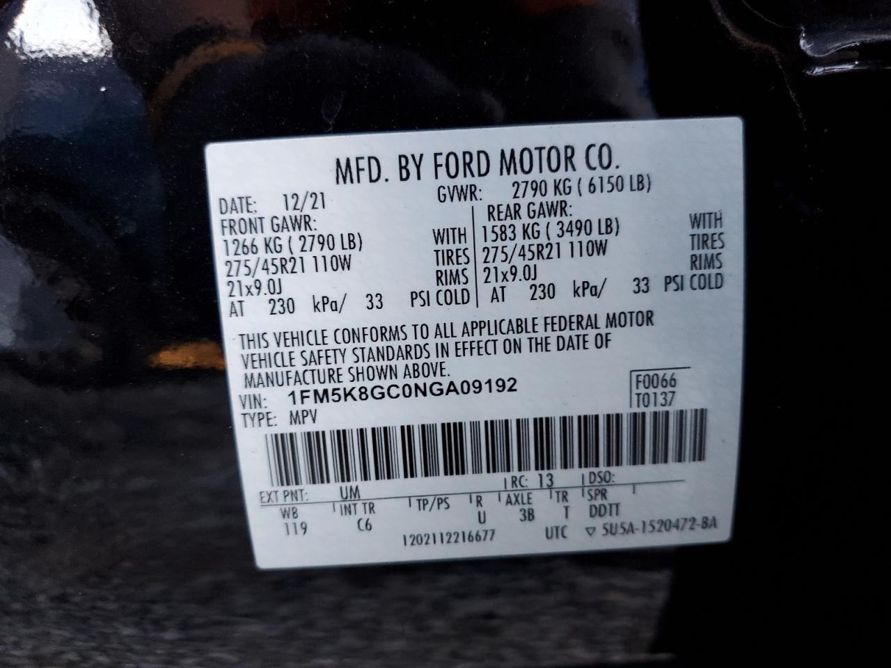 2022 Ford Explorer VIN 1FM5K8GC0NGA09192 Copart auction photo, rear end damage thumbnail 14