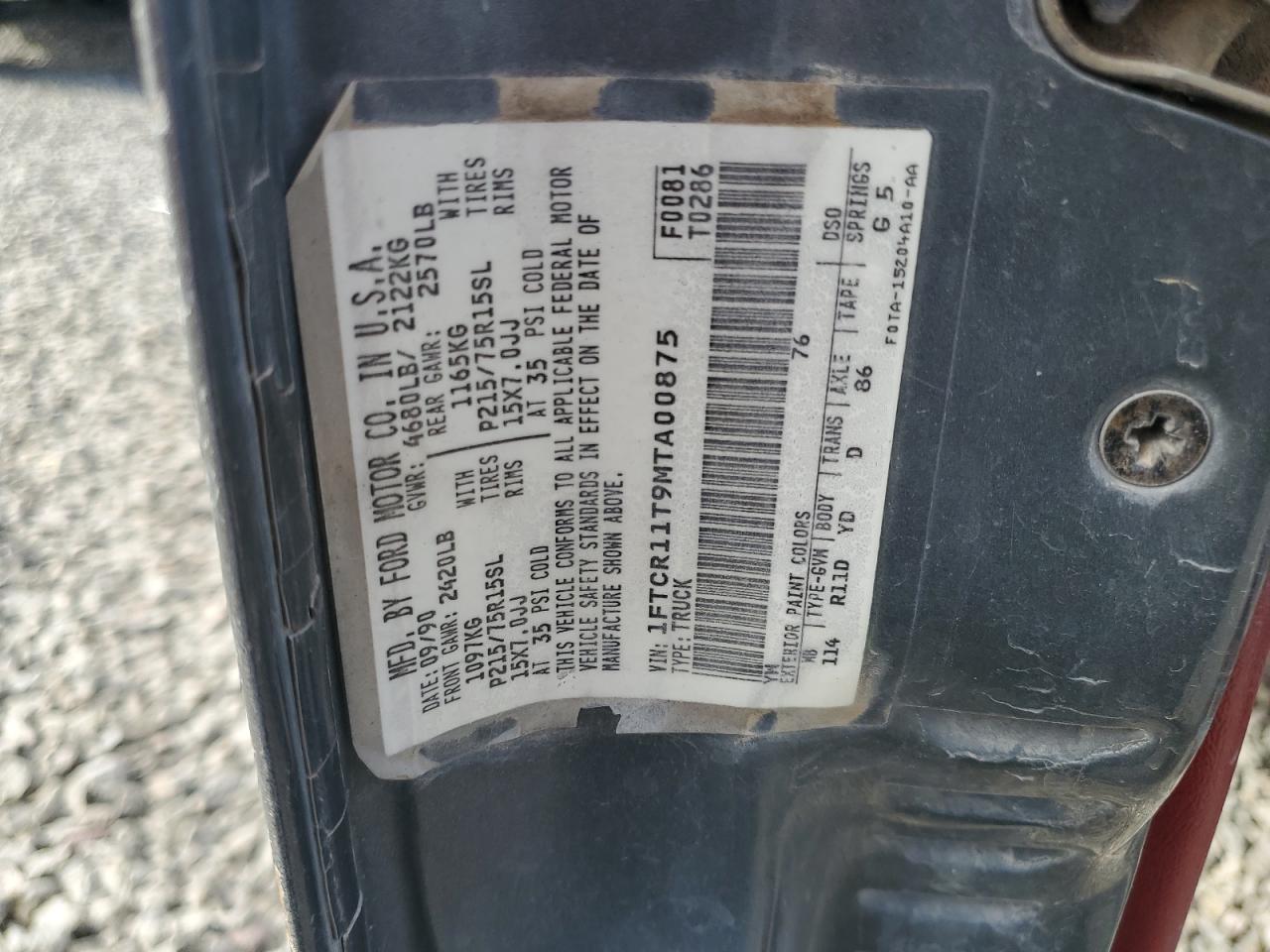 1991 Ford Ranger VIN 1FTCR11T9MTA00875 Copart auction photo, all over damage thumbnail 12