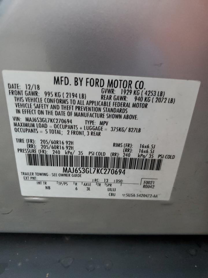 2019 Ford EcoSport VIN MAJ6S3GL7KC270694 Copart auction photo, front end damage thumbnail 13