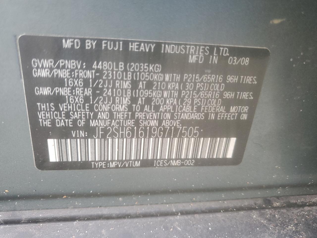 2009 Subaru Forester VIN JF2SH61619G717505 Copart auction photo, mechanical damage thumbnail 12