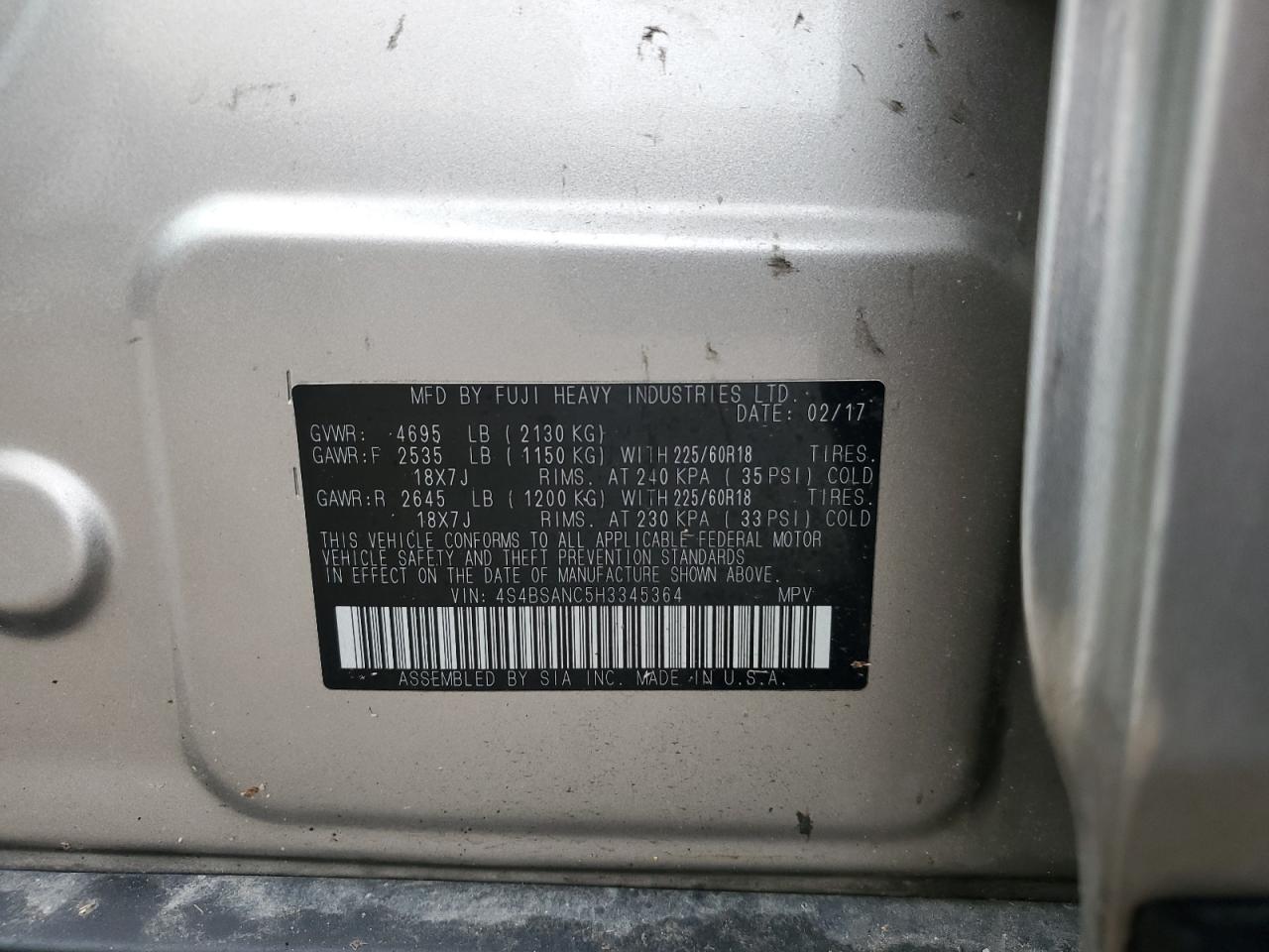 2017 Subaru Outback VIN 4S4BSANC5H3345364 Copart auction photo, all over damage thumbnail 13