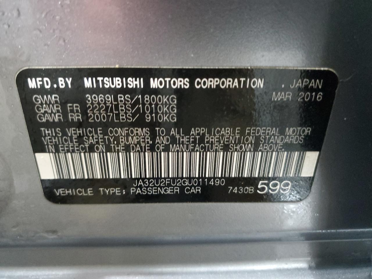 2016 Mitsubishi Lancer VIN JA32U2FU2GU011490 Copart auction photo, front end / rear end damage thumbnail 13