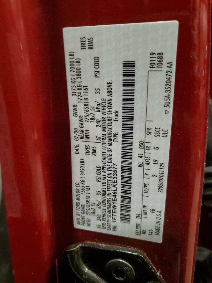2020 Ford F-150 VIN 1FTEW1E46LKE33577 Copart auction photo, rear end / side damage thumbnail 12