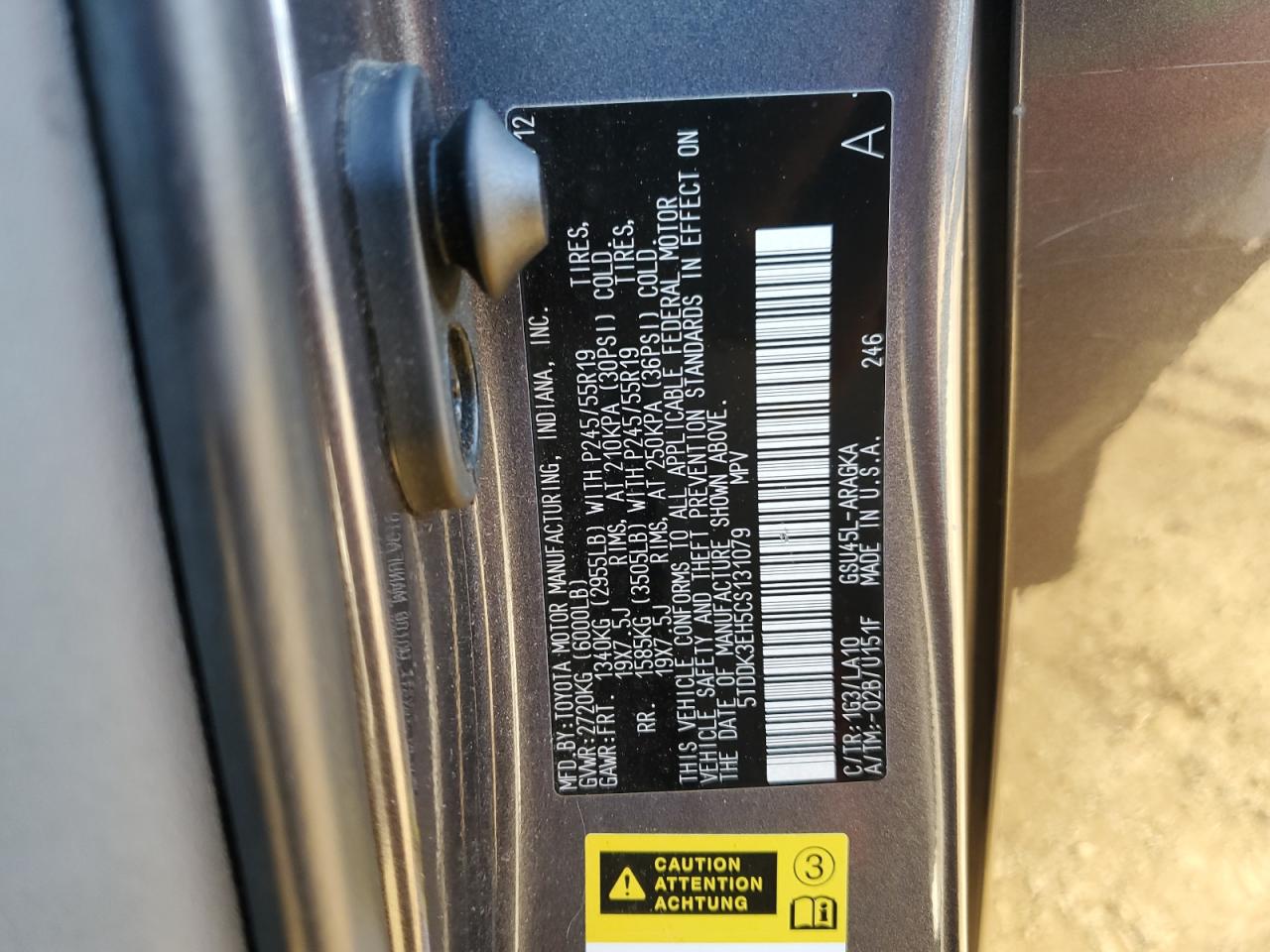 2012 Toyota Highlander VIN 5TDDK3EH5CS131079 Copart auction photo, front end / side damage thumbnail 14