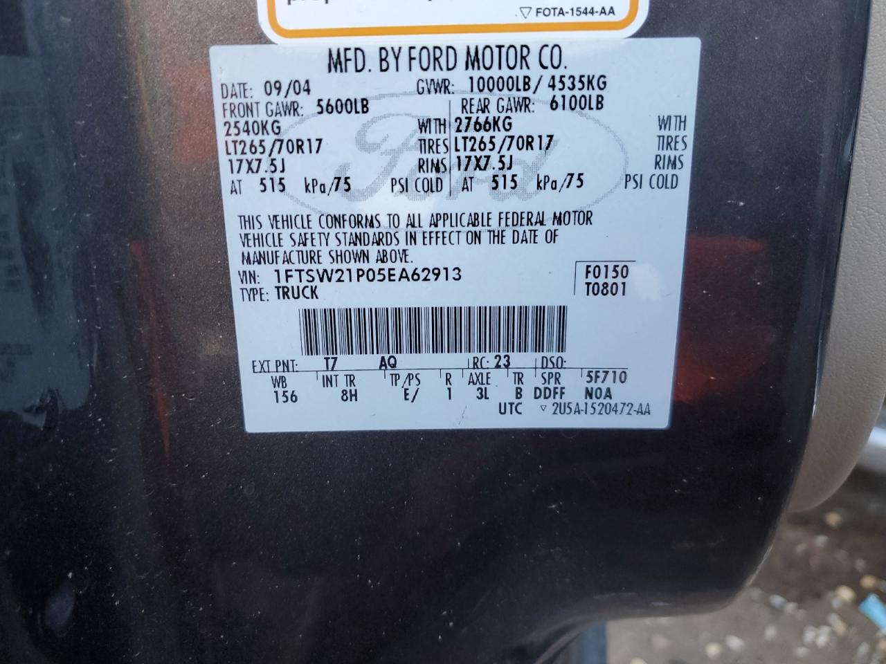 2005 Ford F250 VIN 1FTSW21P05EA62913 Copart auction photo, front end damage thumbnail 12