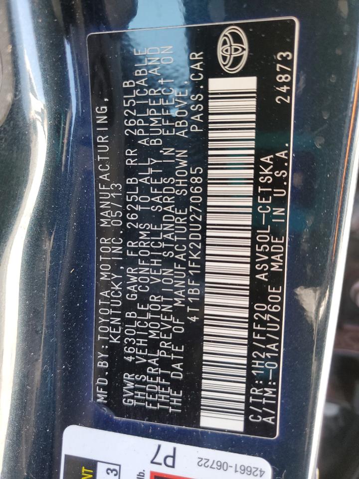 2013 Toyota Camry VIN 4T1BF1FK2DU270685 Copart auction photo, front end damage thumbnail 14