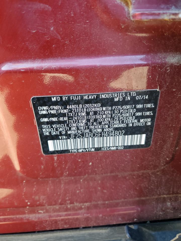 2015 Subaru Forester VIN JF2SJABC6FH494802 Copart auction photo, front end / minor dent/scratches damage thumbnail 13