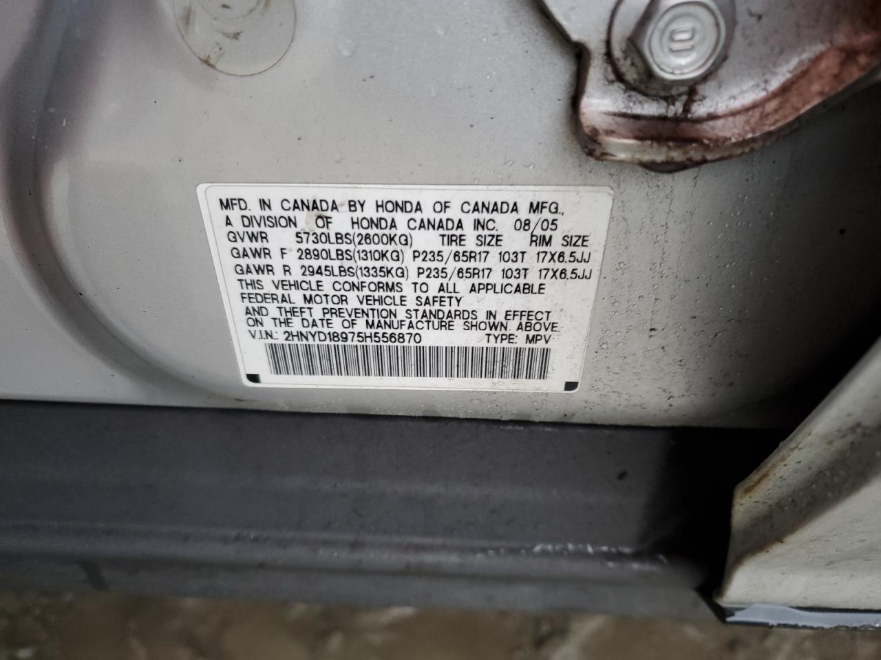 2005 Acura MDX VIN 2HNYD18975H556870 Copart auction photo, side damage thumbnail 13