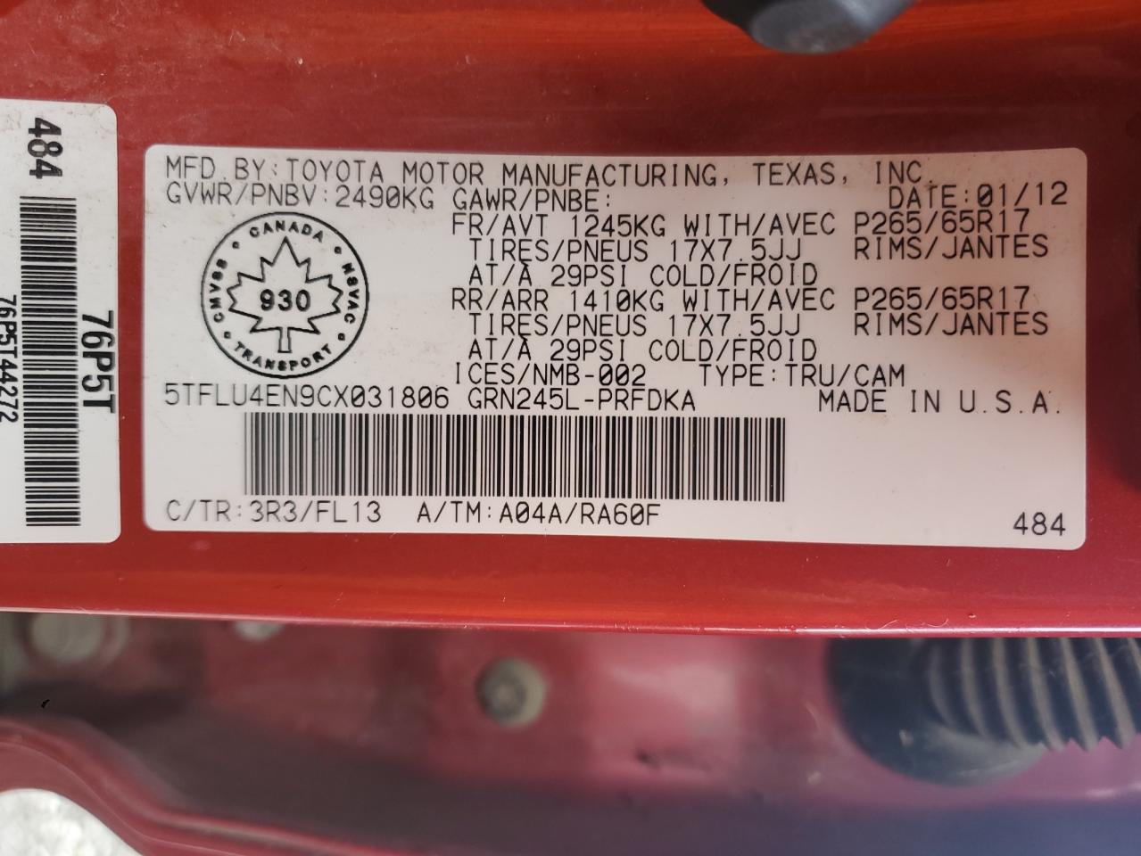 2012 Toyota Tacoma VIN 5TFLU4EN9CX031806 Copart auction photo, all over damage thumbnail 14