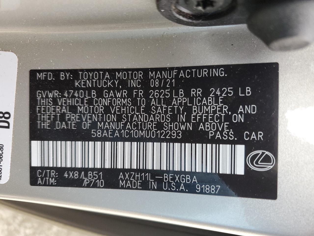 2021 Lexus ES VIN 58AEA1C10MU012293 Copart auction photo, front end damage thumbnail 14