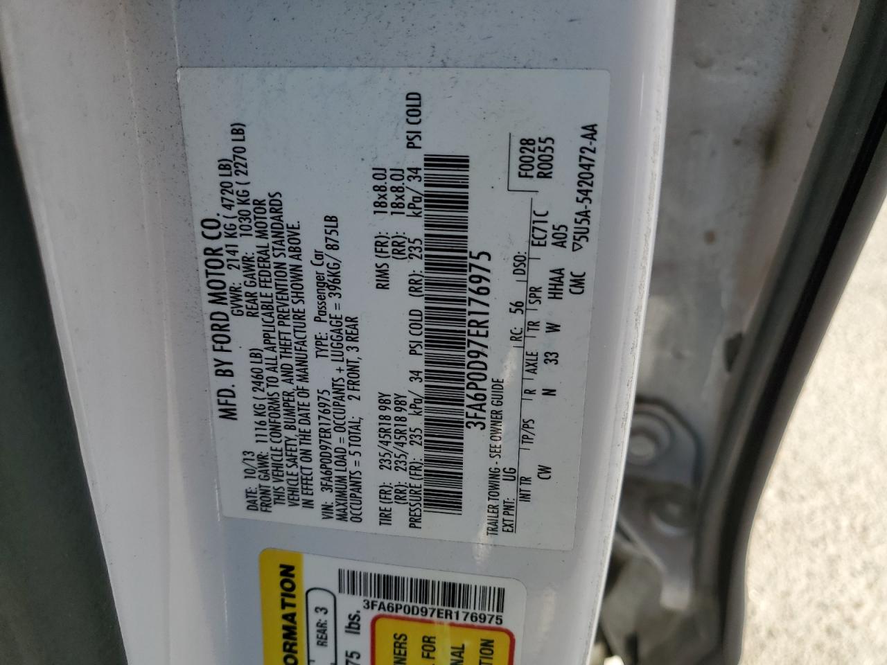 2014 Ford Fusion VIN 3FA6P0D97ER176975 Copart auction photo, front end / undercarriage damage thumbnail 14