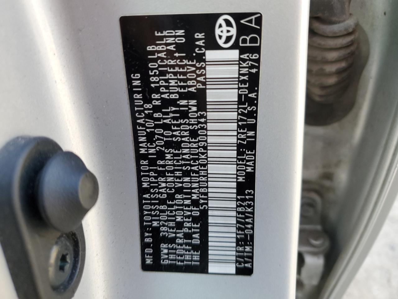 2019 Toyota Corolla VIN 5YFBURHE0KP900343 Copart auction photo, front end / side damage thumbnail 14