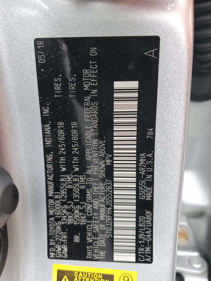 2018 Toyota Highlander VIN 5TDJZRFH4JS552837 Copart auction photo, front end damage thumbnail 15