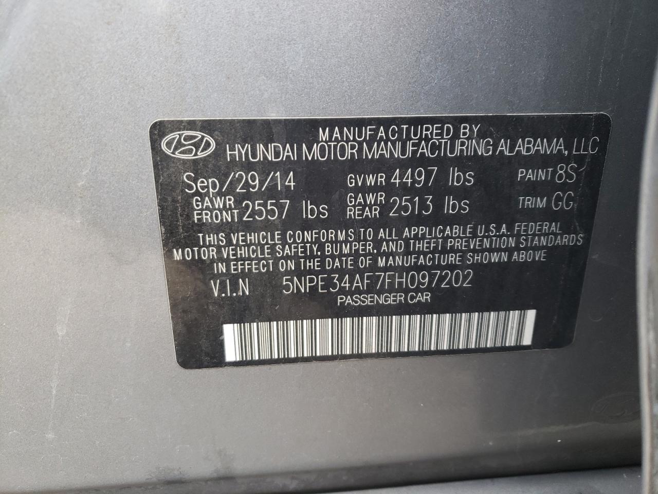 2015 Hyundai Sonata VIN 5NPE34AF7FH097202 Copart auction photo, front end / rear end damage thumbnail 13